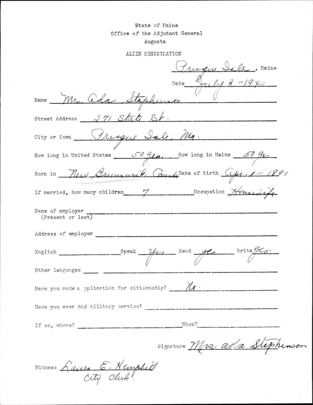 Miniature of Alien Registration- Stephenson, Ada (Presque Isle, Aroostook County)