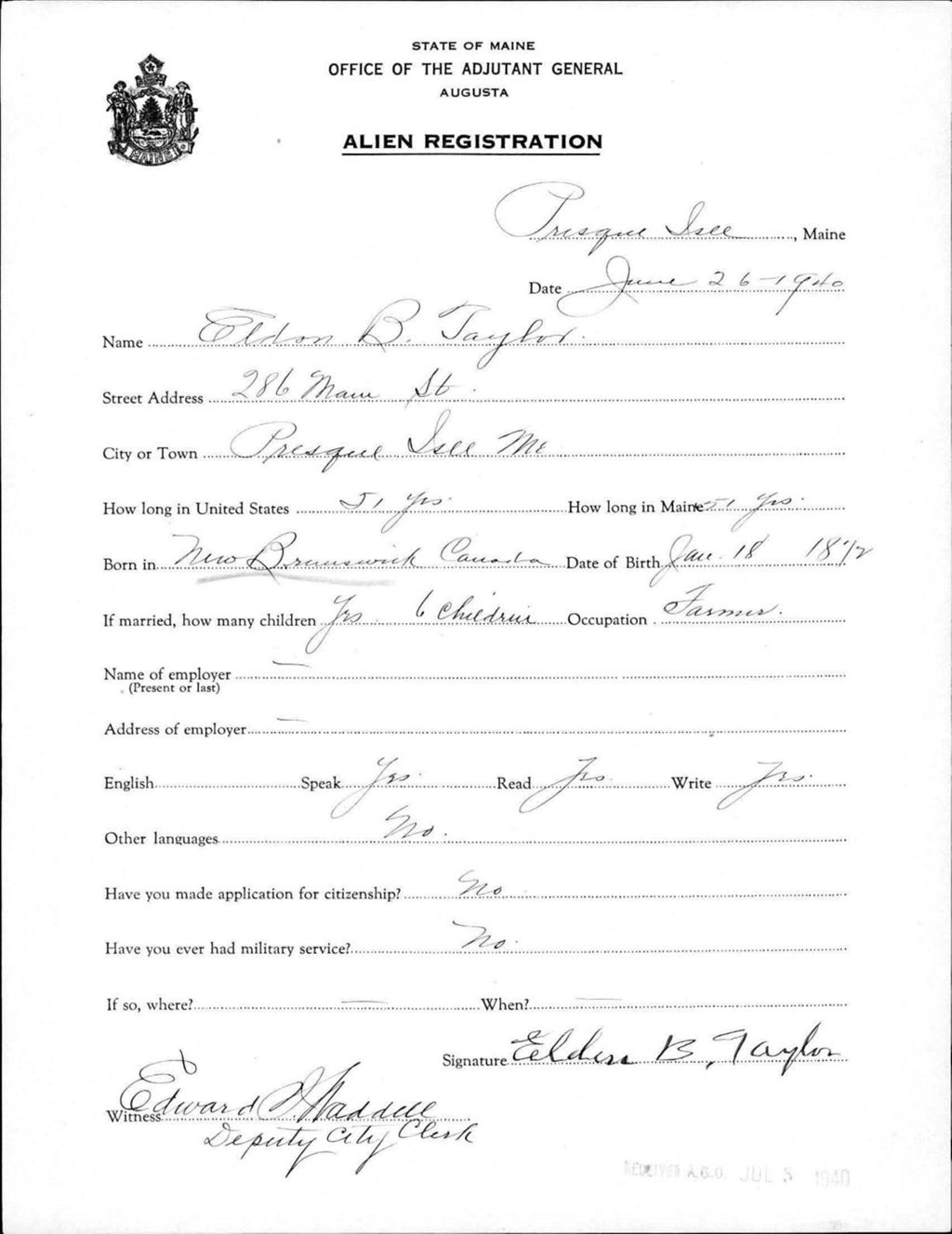 Miniature of Alien Registration- Taylor, Eldon B. (Presque Isle, Aroostook County)