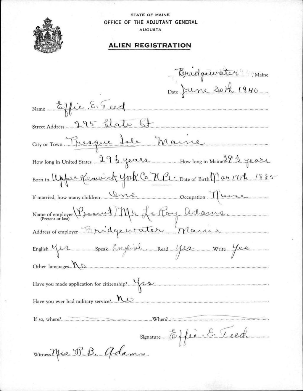 Miniature of Alien Registration- Teed, Effie E. (Presque Isle, Aroostook County)