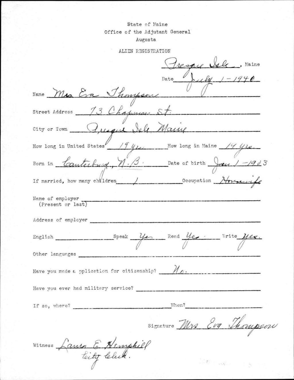 Miniature of Alien Registration- Thompson, Eva (Presque Isle, Aroostook County)