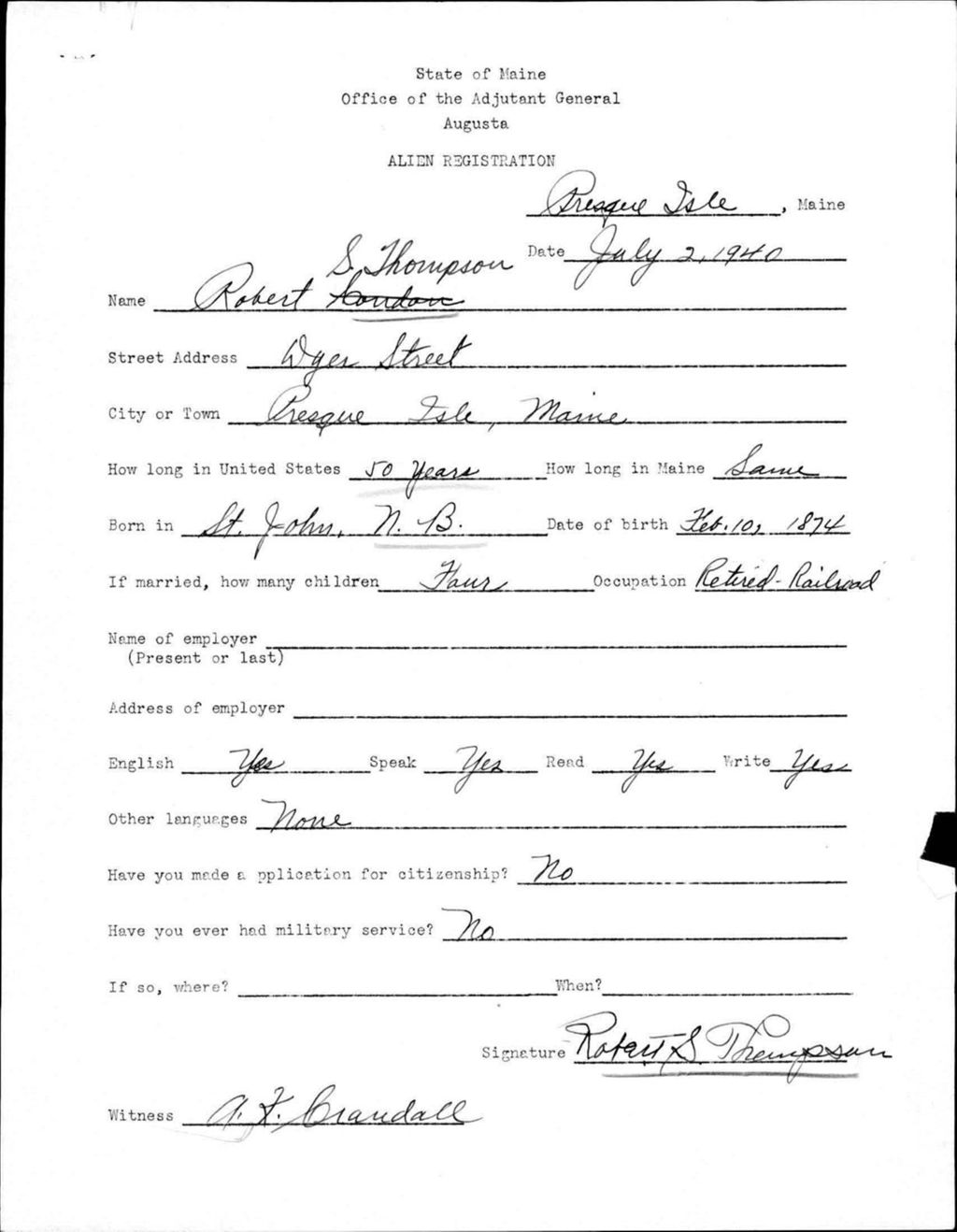 Miniature of Alien Registration- Thompson, Robert S. (Presque Isle, Aroostook County)