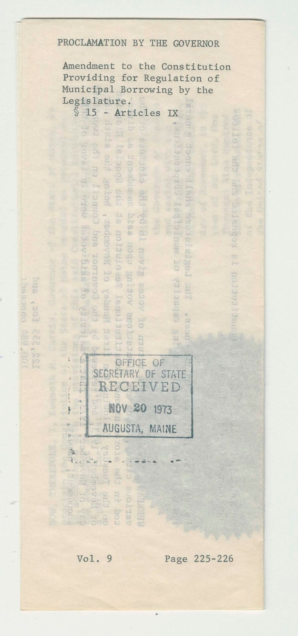 Miniature of Amendment to the Constitution Providing for Regulation of Municipal Borrowing by the Legislature 15-Articles IX