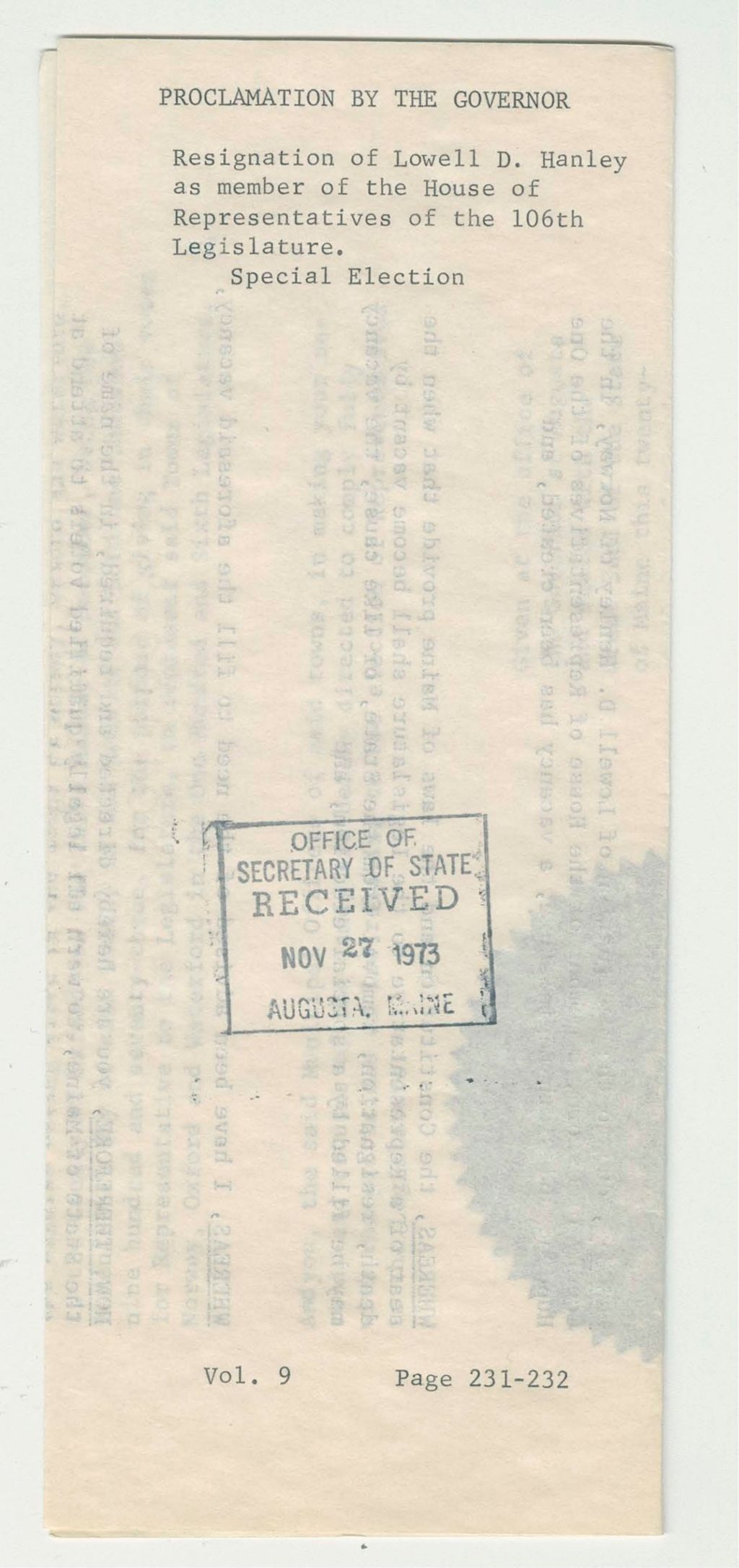 Miniature of Resignation of Lowell D. Hanley as member of the House of Representatives of the 106th Legislature. Special Election