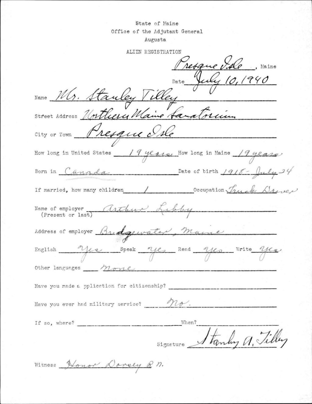 Miniature of Alien Registration- Tilley, Stanley (Presque Isle, Aroostook County)