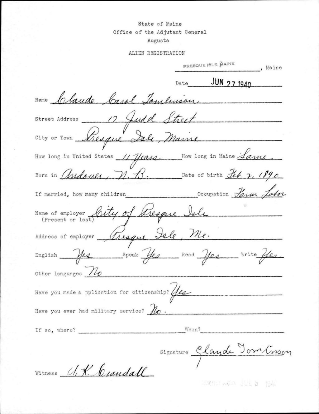 Miniature of Alien Registration- Tomlinson, Claude C. (Presque Isle, Aroostook County)