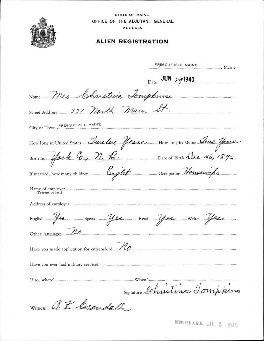 Miniature of Alien Registration- Tompkins, Christina (Presque Isle, Aroostook County)