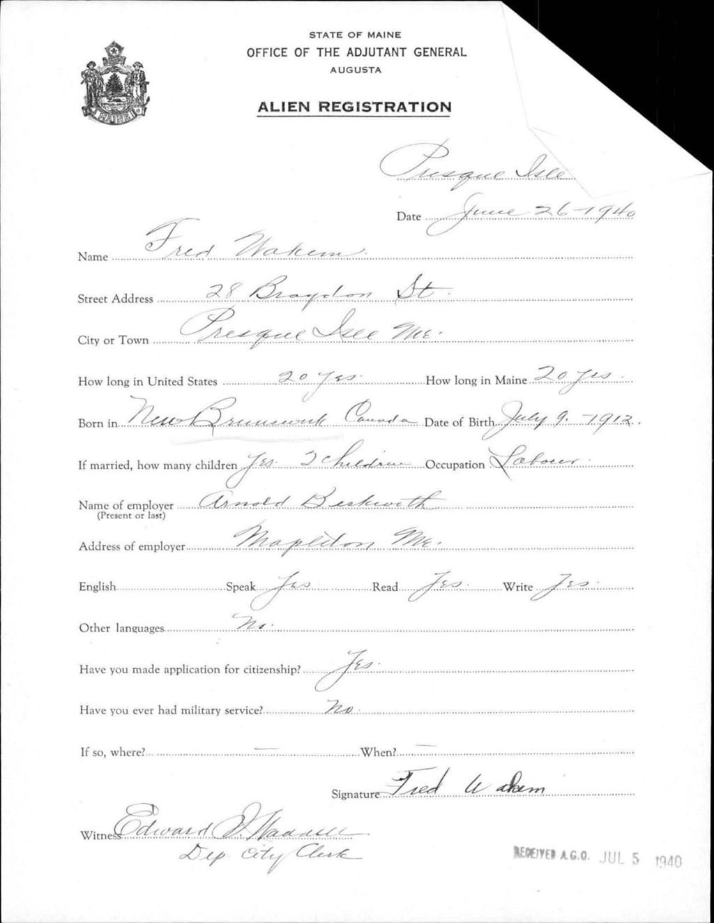 Miniature of Alien Registration- Wakem, Fred (Presque Isle, Aroostook County)