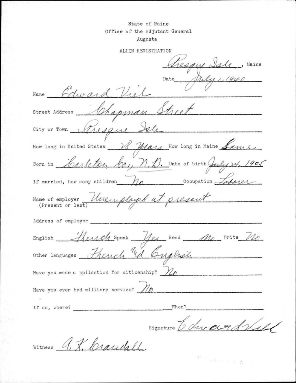 Miniature of Alien Registration- Viel, Edward (Presque Isle, Aroostook County)