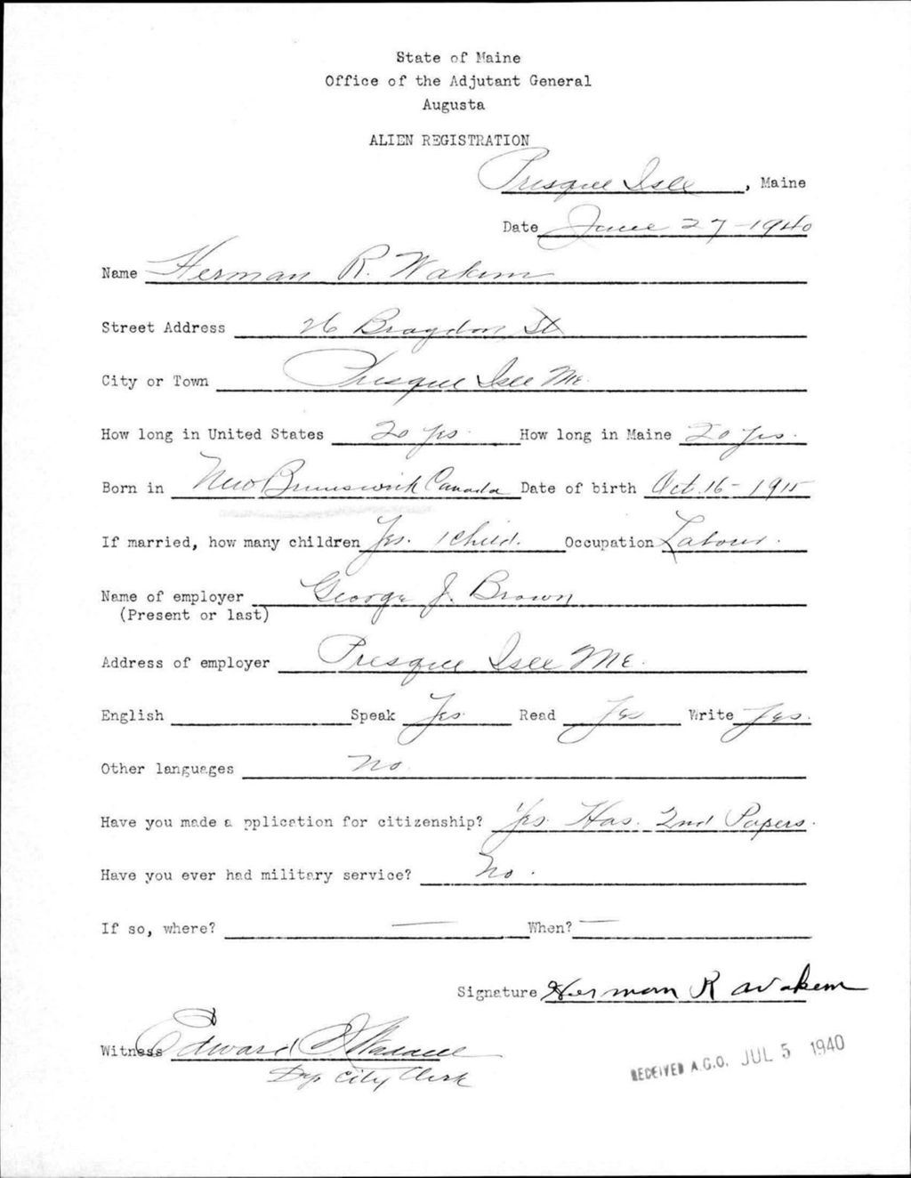 Miniature of Alien Registration- Wakem, Herman R. (Presque Isle, Aroostook County)