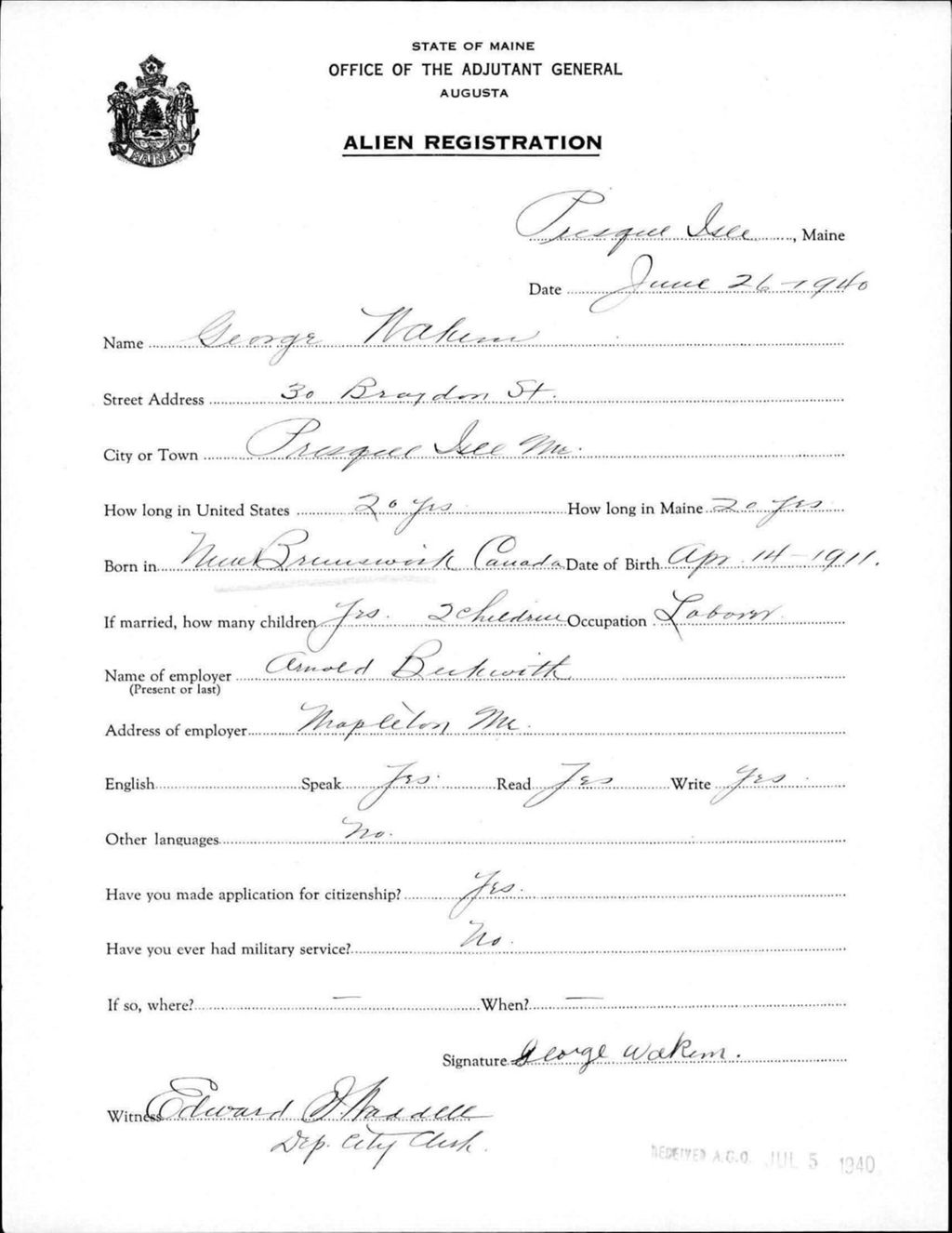 Miniature of Alien Registration- Wakem, George (Presque Isle, Aroostook County)