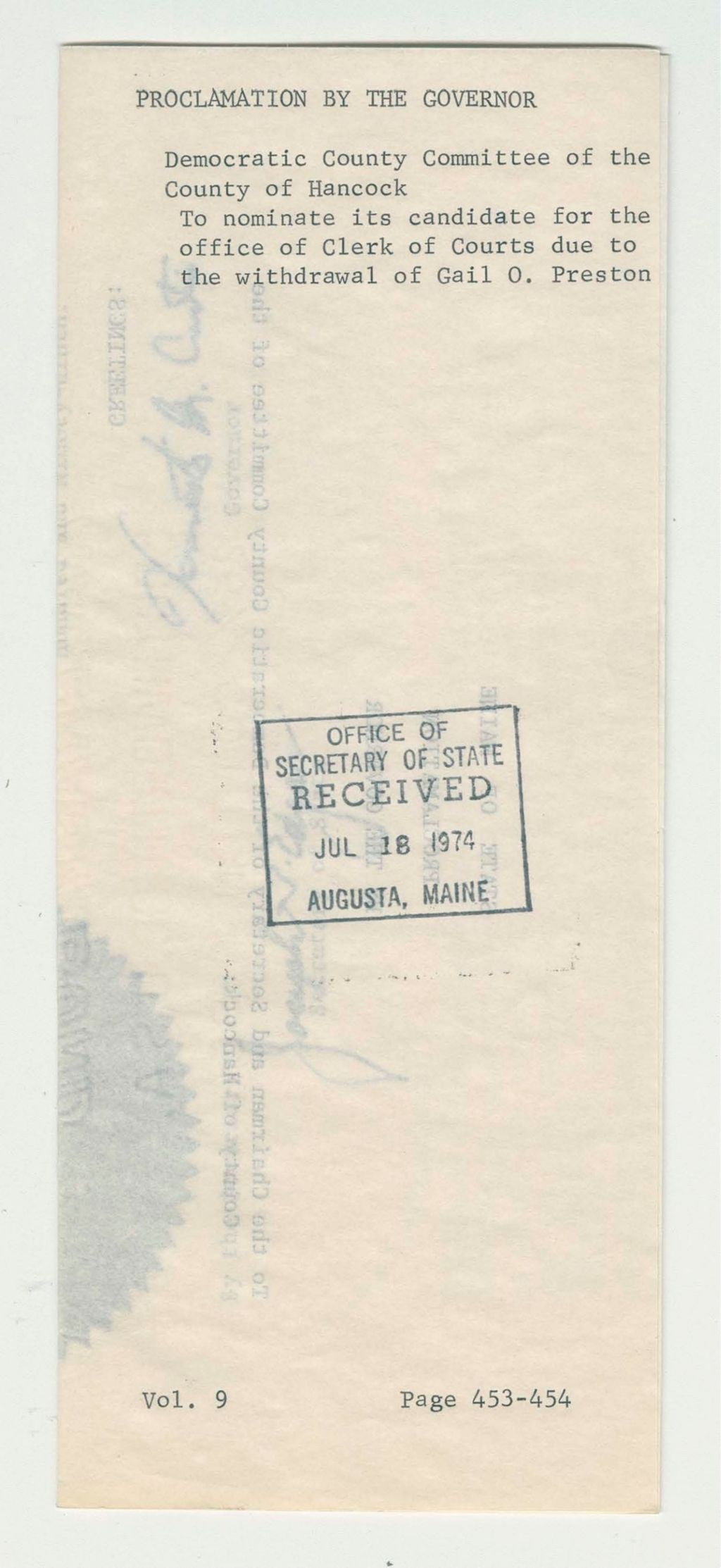 Miniature of Democratic County Committee of the County of Hancock to nominate its candidate for the office of Clerk of Courts due to the withdrawal of Gail O. Preston