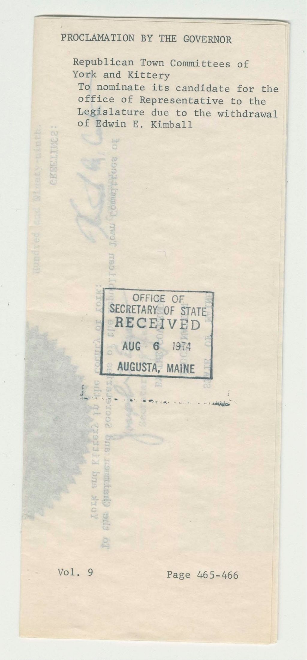 Miniature of Republican Town Committees of York and Kittery to nominate its candidate for the office of Representative to the Legislature due to the withdrawal of Edwin E. Kimball