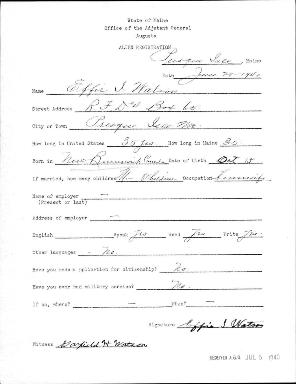 Miniature of Alien Registration- Watson, Effie I. (Presque Isle, Aroostook County)