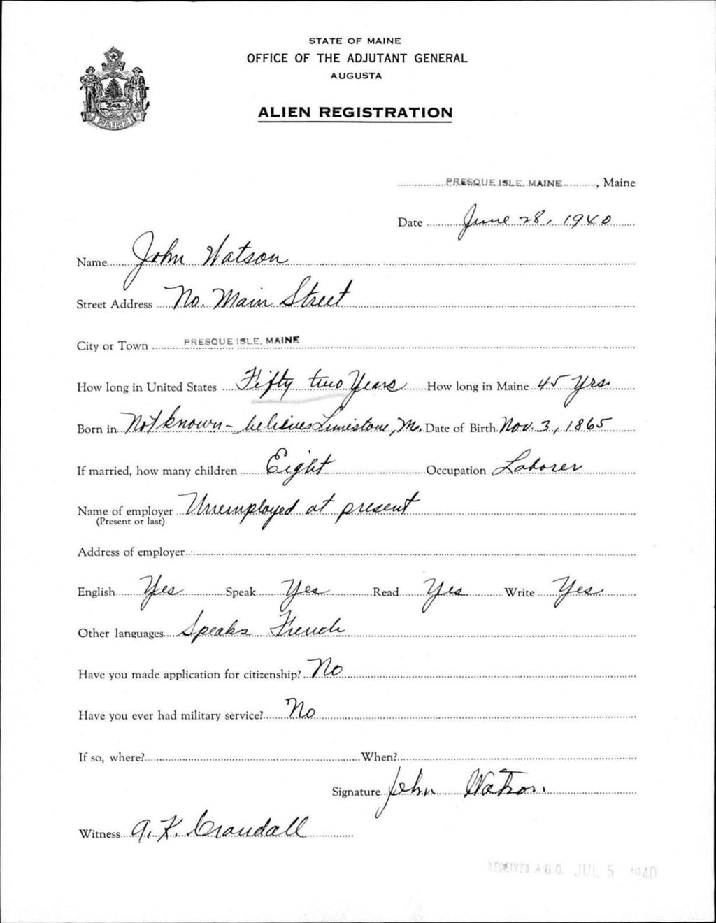 Miniature of Alien Registration- Watson, John (Presque Isle, Aroostook County)