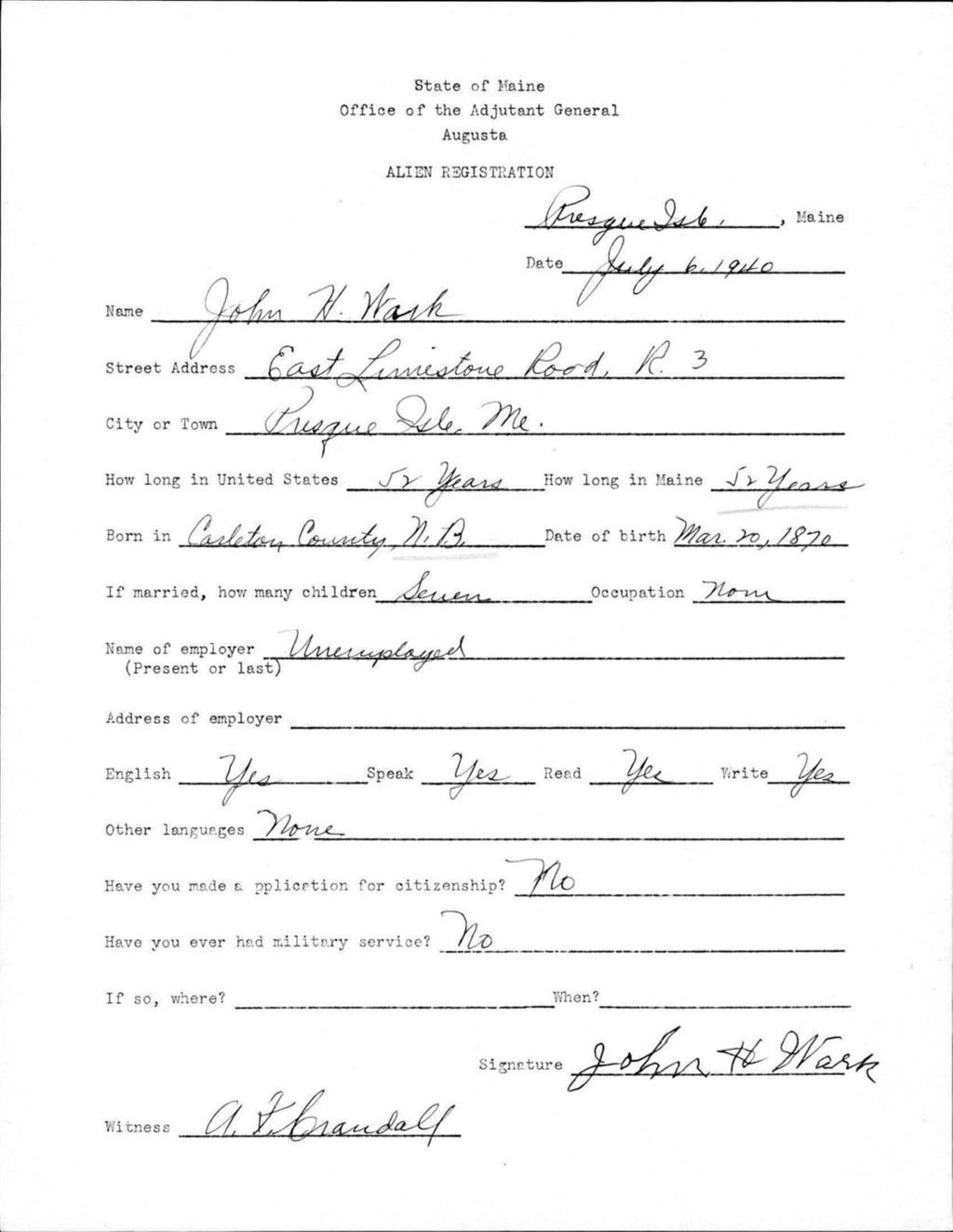 Miniature of Alien Registration- Wark, John H. (Presque Isle, Aroostook County)