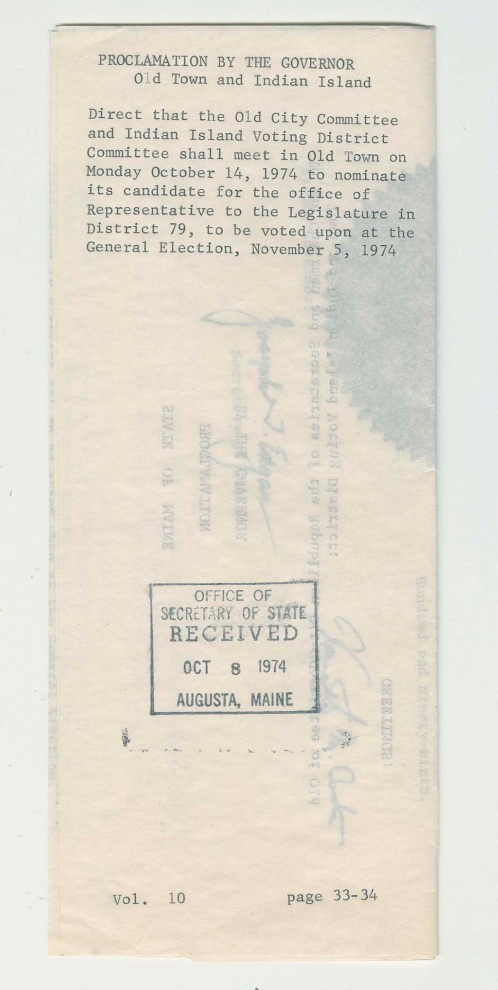 Miniature of Old Town and Indian Island: Direct that the Old City Committee and Indian Island Voting District Committee shall meet in Old Town on Monday October 14, 1974 to nominate its candidate for the office of Representative to the Legislature in District 79, to be voted upon at the general election, November 5, 1974