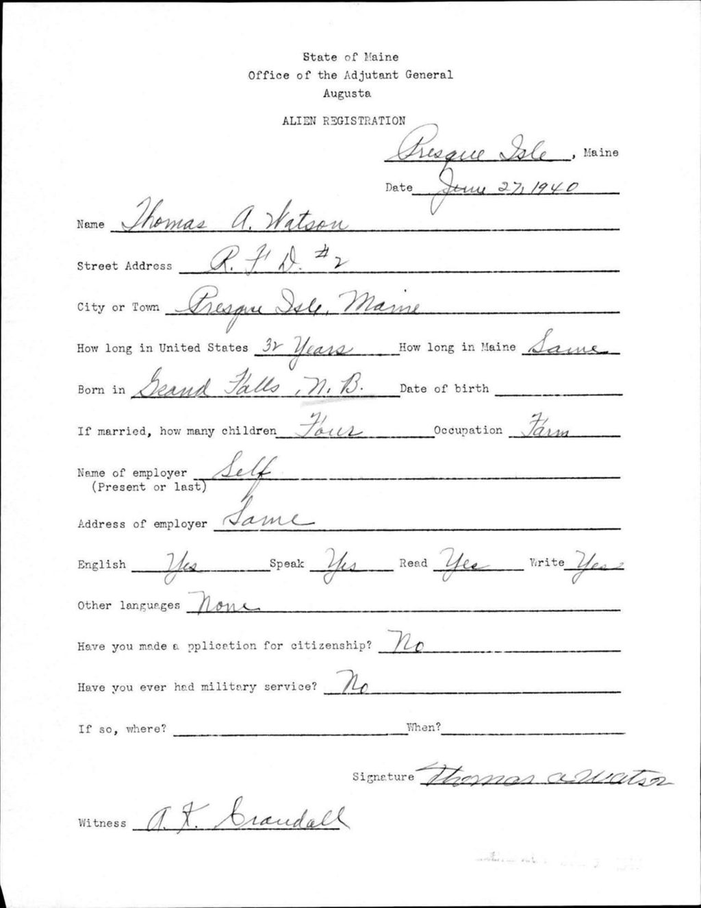Miniature of Alien Registration- Watson, Thomas A. (Presque Isle, Aroostook County)