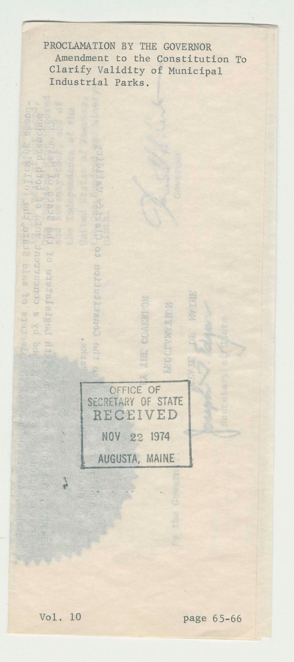 Miniature of Amendment to the Constitution to Clarify Validity of Municipal Industrial Parks