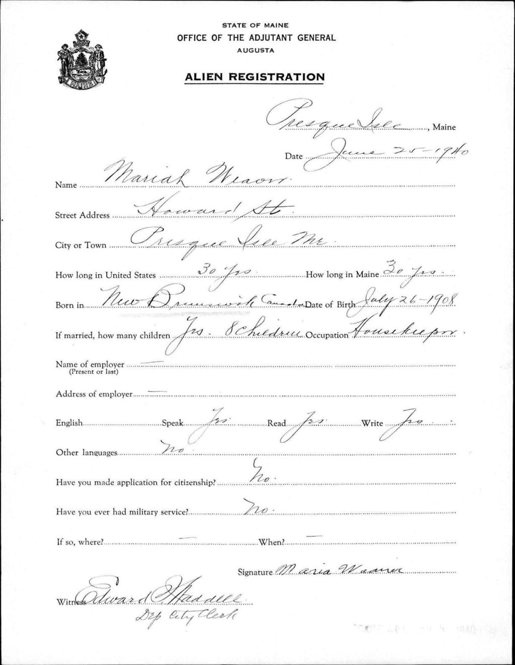 Miniature of Alien Registration- Weaver, Mariah (Presque Isle, Aroostook County)