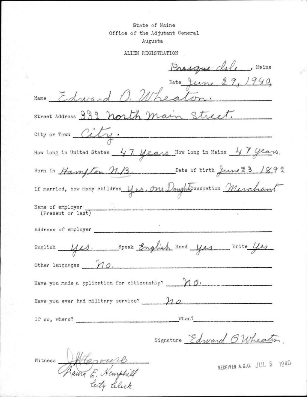 Miniature of Alien Registration- Wheaton, Edward O. (Presque Isle, Aroostook County)