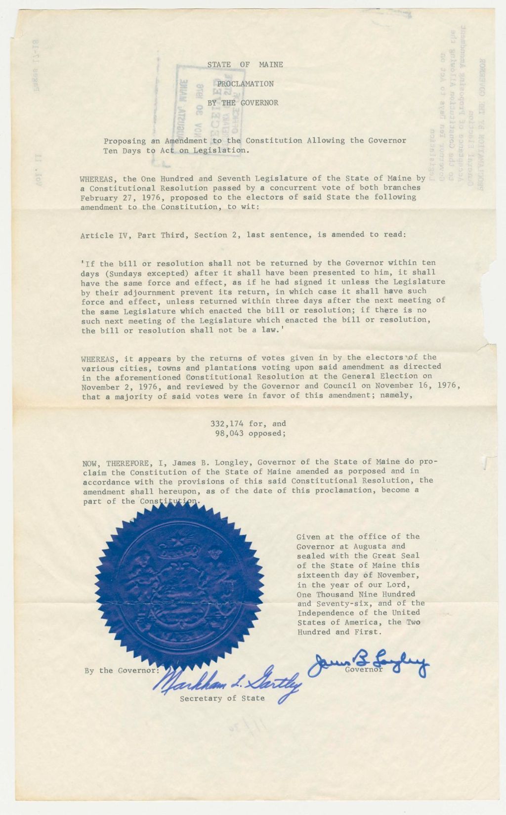 Miniature of Acceptance of Proposing Amendment to the Constitution Allowing the Governor Ten Days to Act on Legislation