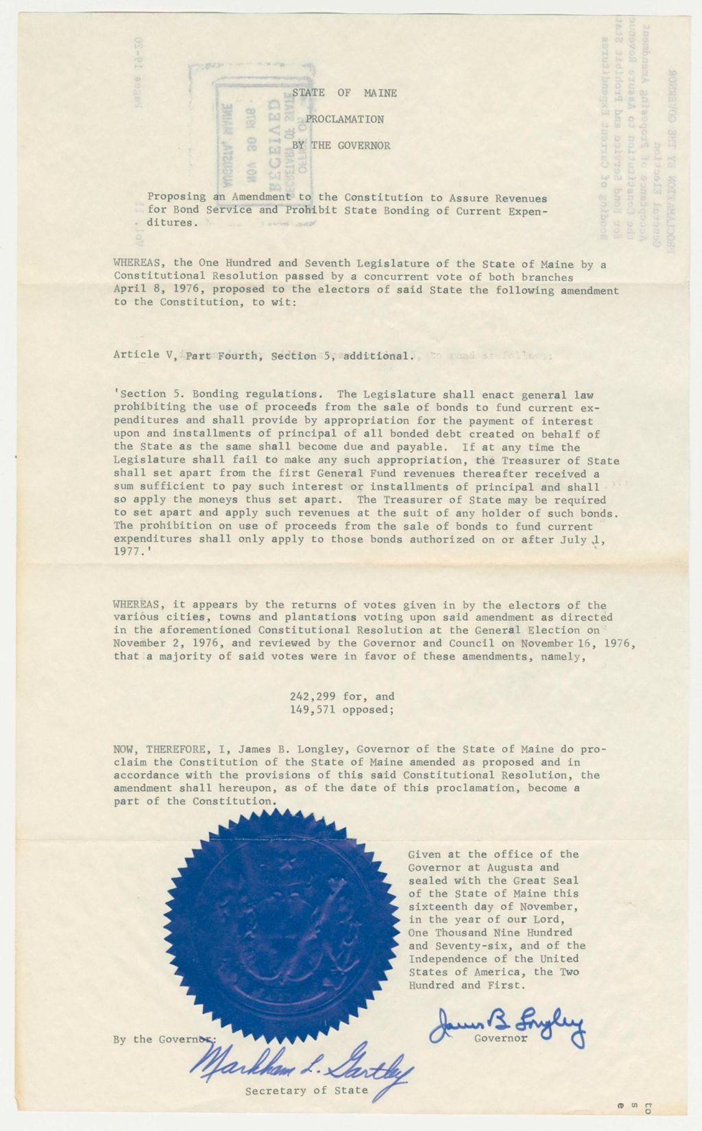 Miniature of Acceptance of Proposing Amendmnet the constitution to assure revenue for Bond Service and Prohibit State Bonding of Current Expenditures