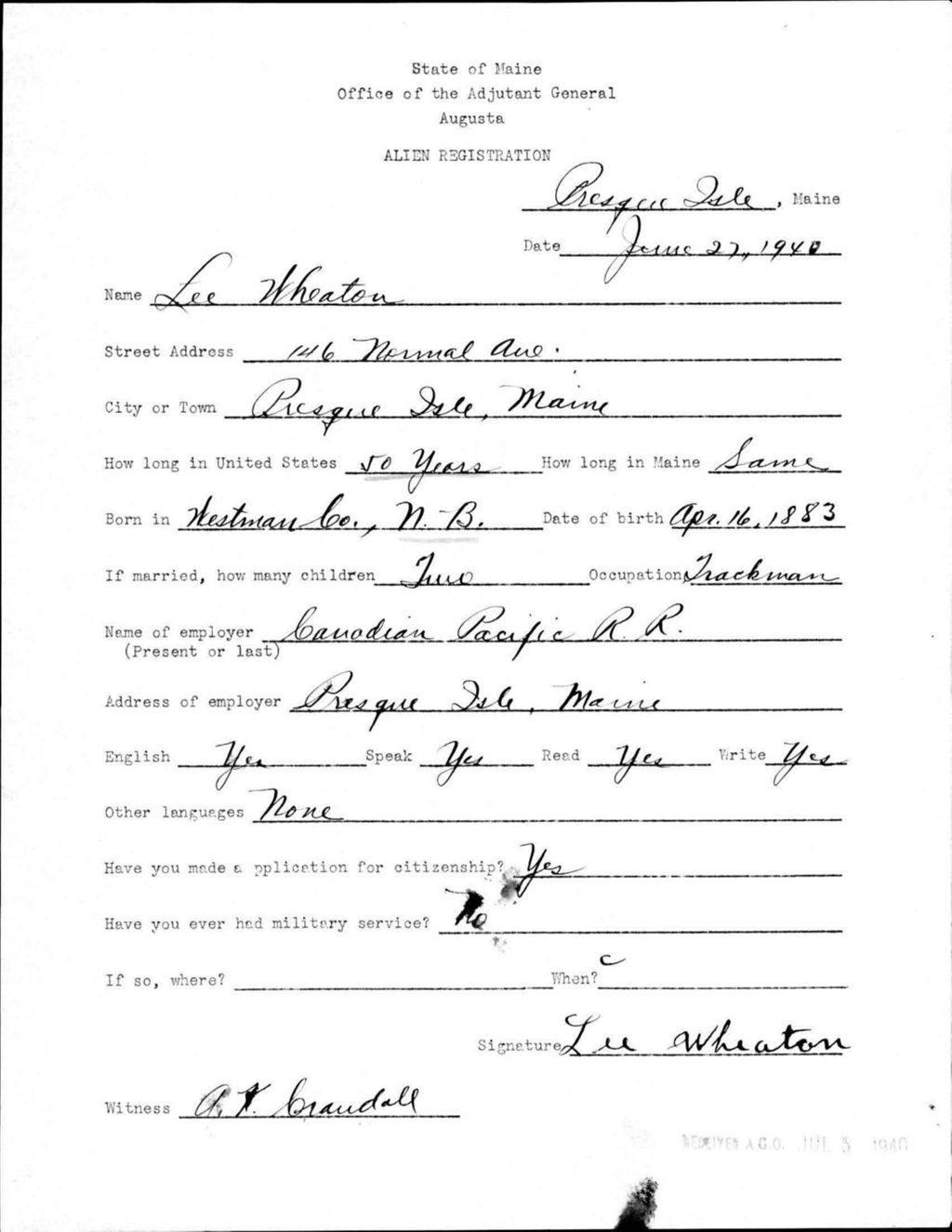 Miniature of Alien Registration- Wheaton, Lee (Presque Isle, Aroostook County)