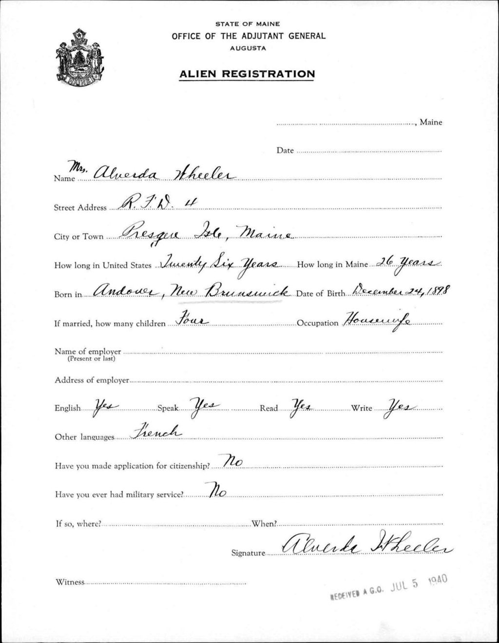 Miniature of Alien Registration- Wheeler, Alverda (Presque Isle, Aroostook County)