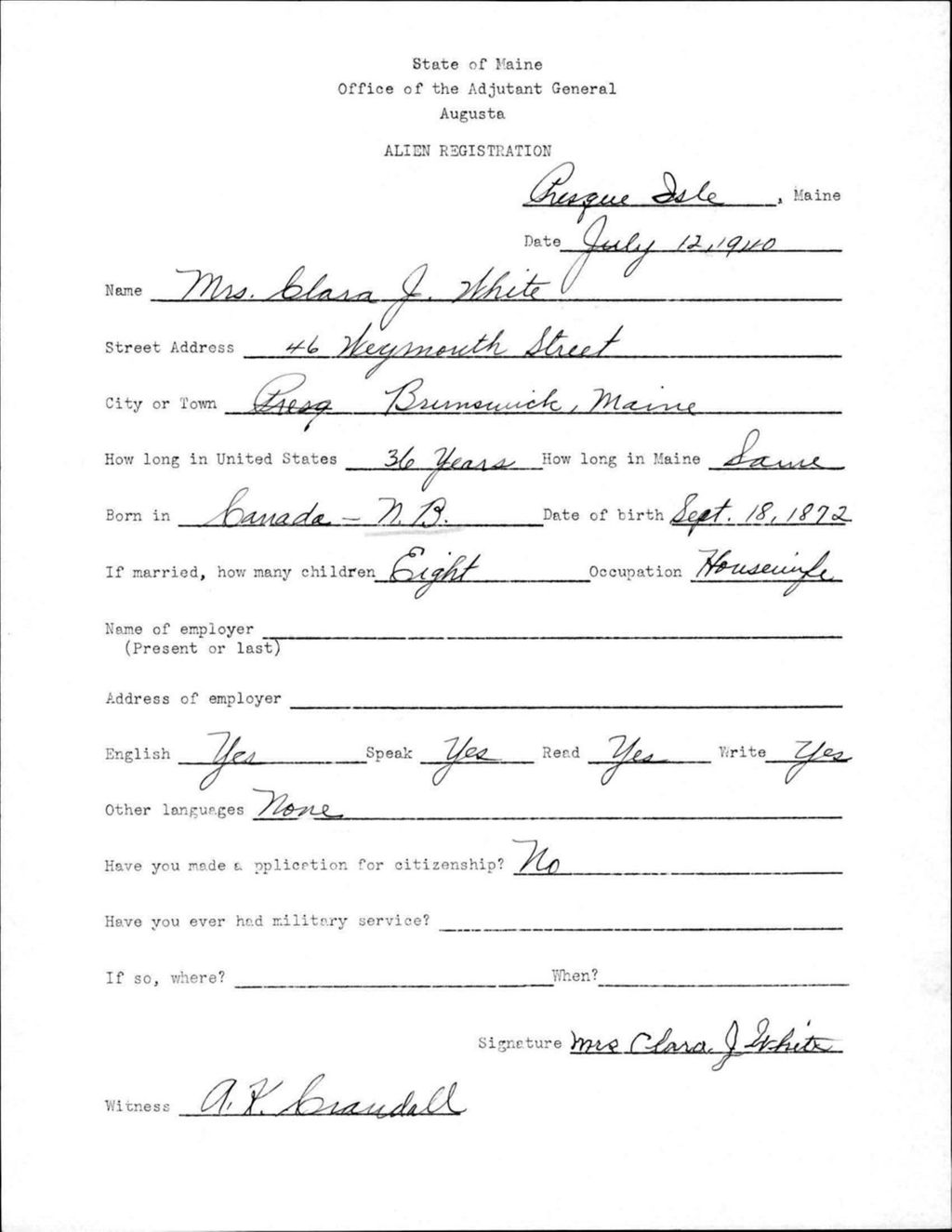Miniature of Alien Registration- White, Clara J. (Presque Isle, Aroostook County)