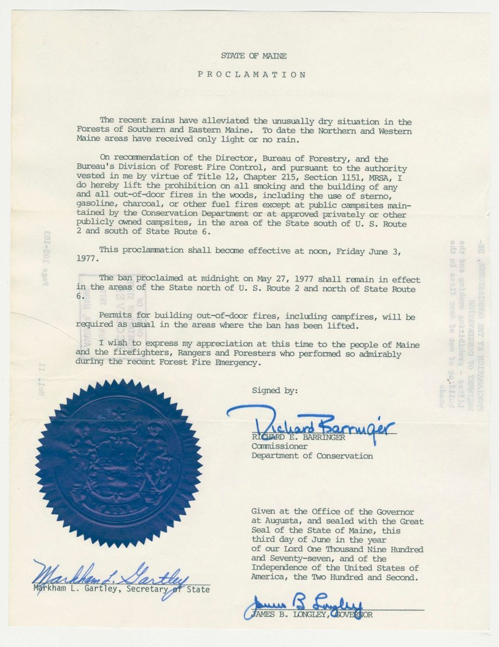 Miniature of Proclamation by the Commissioner, Department of Conservation Lifted-prohibiting smoking and the building of out of door fires in the woods