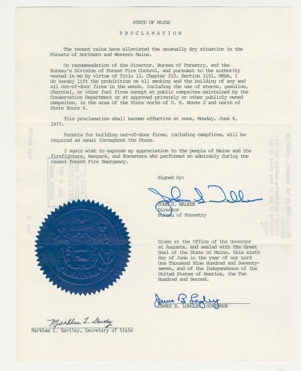 Miniature of Proclamation by the Director, Bureau of Forestry Lifted- Prohibiting smoking and the building of out of door fires in the woods