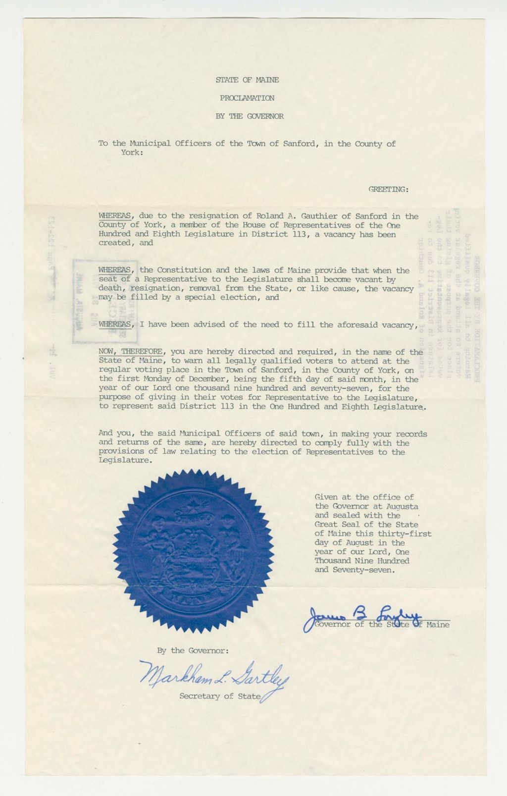 Miniature of Warning to all legally qualified voters to attend at the regular voting place for the purpose of giving their votes for Representative to the Legislature in District 113 due to resignation of Roland A. Gauthier