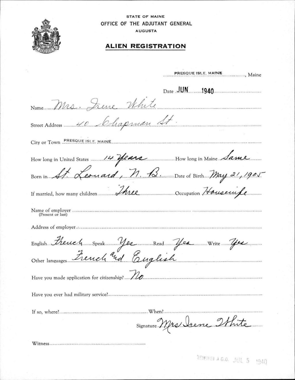 Miniature of Alien Registration- White, Irene (Presque Isle, Aroostook County)