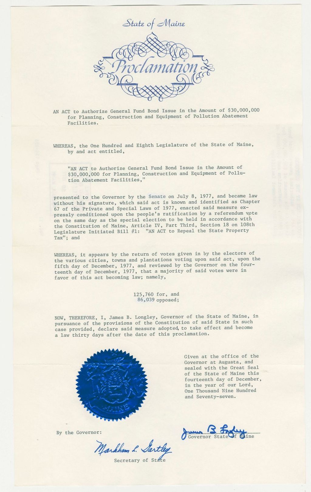 Miniature of An Act to authorize general fund bond issue in the amount of $30,000,000 for planning, construction and equipment of pollution abatement facilities