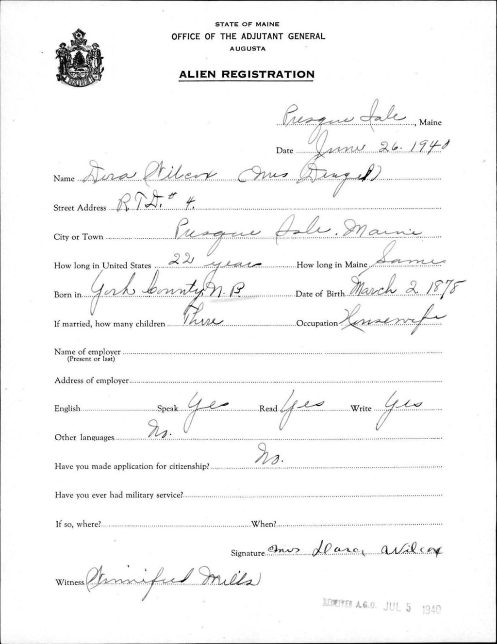 Miniature of Alien Registration- Wilcox, Dora (Presque Isle, Aroostook County)