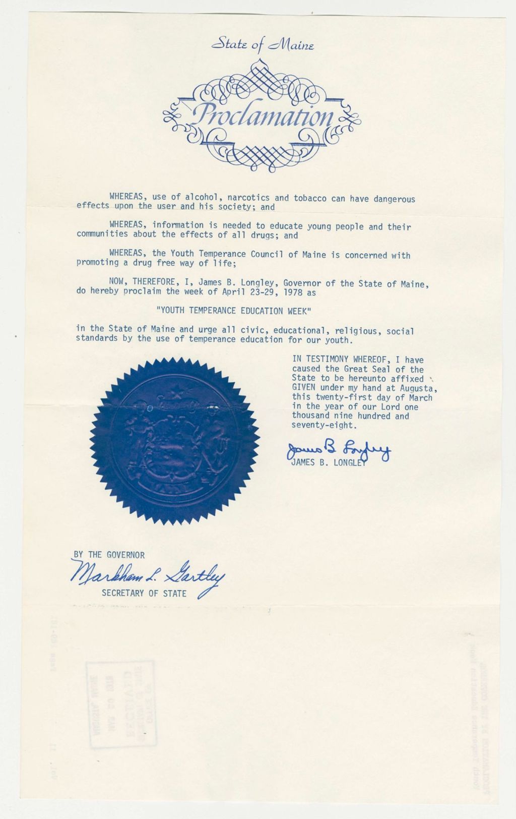 Miniature of Youth Temperance Education Week Proclamation
