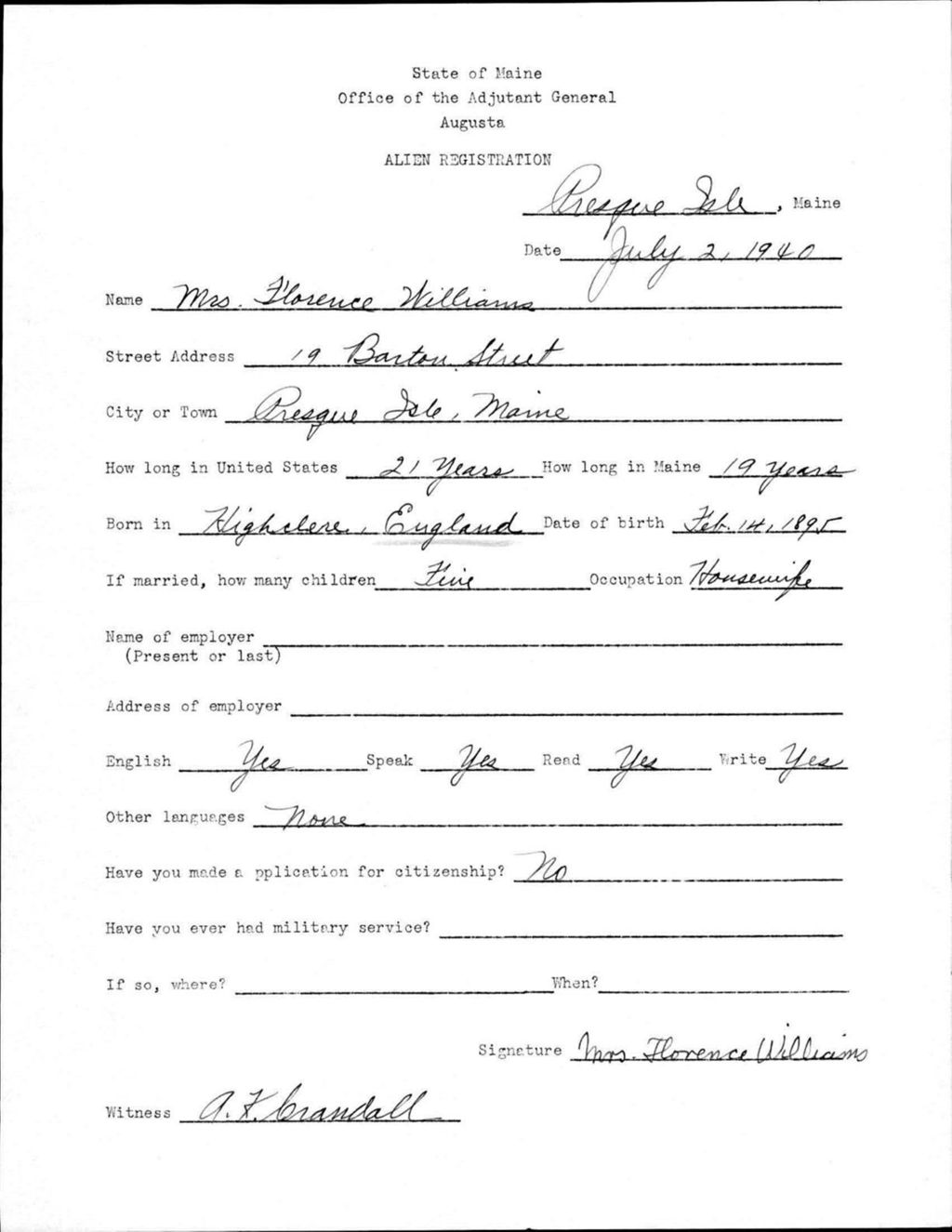 Miniature of Alien Registration- Williams, Florence (Presque Isle, Aroostook County)