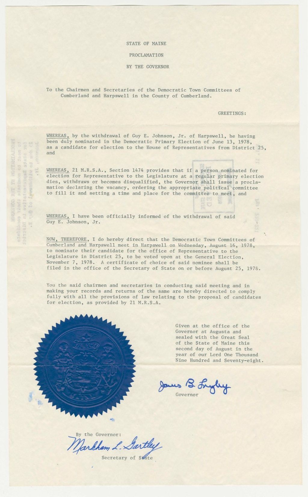 Miniature of To meet to nominate their candidate for state representative in District 25 due to withdrawal of Guy E. Johnson, Jr.