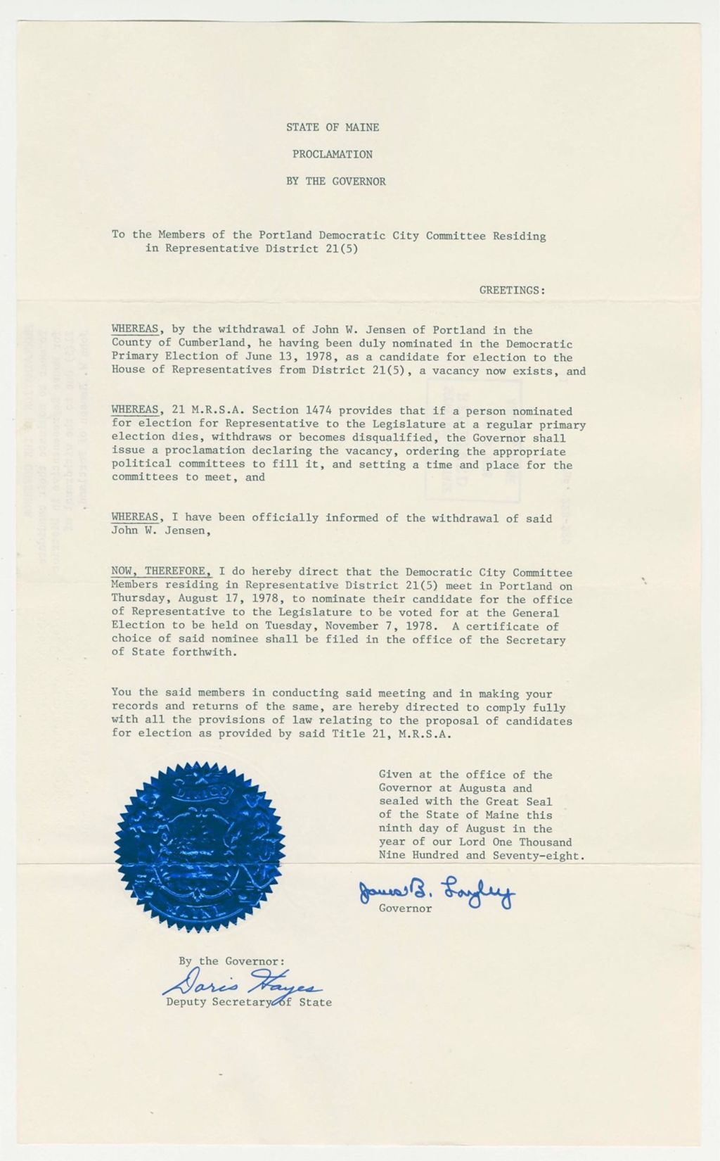 Miniature of To meet to nominate their candidate for House Representative in District 21(5) due to the withdrawal of John W. Jensen of Portland