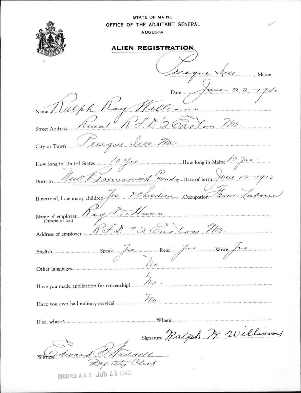 Miniature of Alien Registration- Williams, Ralph R. (Presque Isle, Aroostook County)