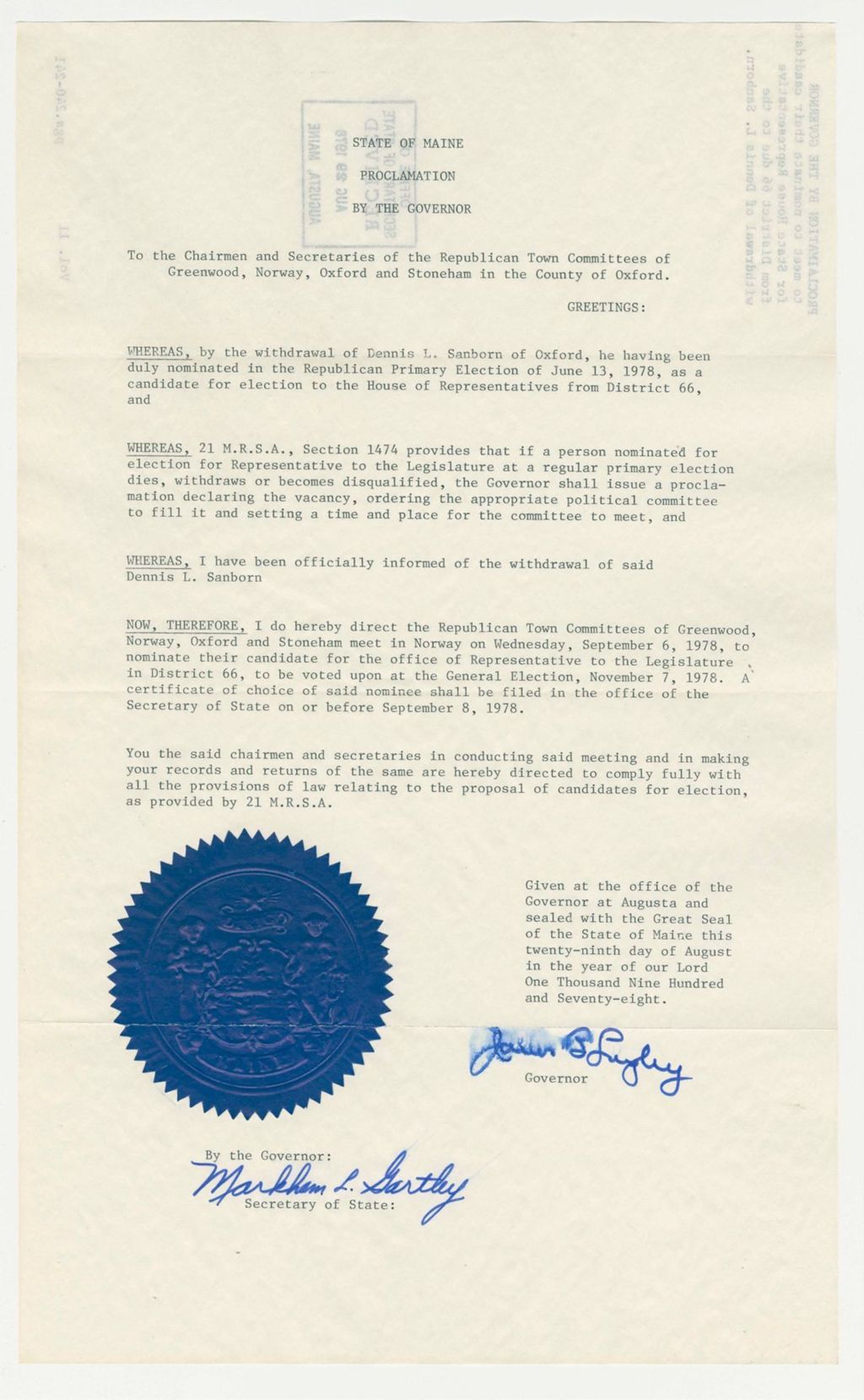 Miniature of To meet to nominate their candidate for State House Representative from District 66 due to the withdrawal of Dennis L. Sanborn