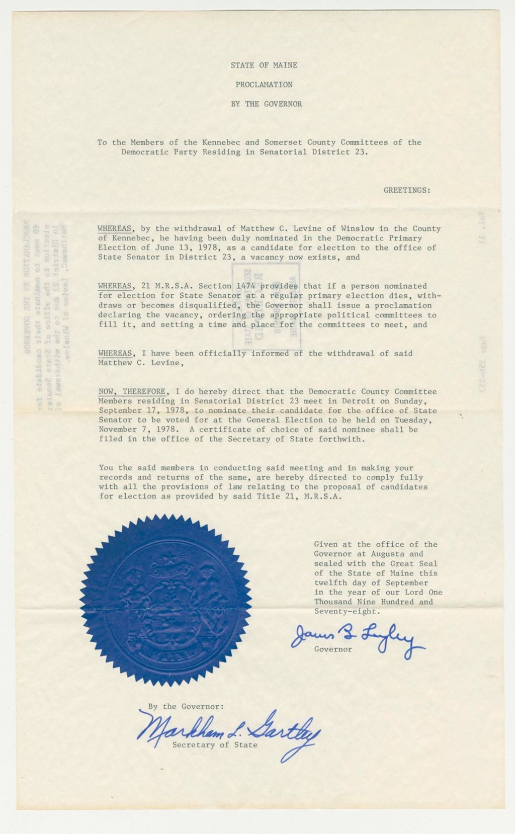 Miniature of To meet to nominate their candidate for election to the office of State Senator in District 23 due to the withdrawal of Matthew C. Levine of Winslow