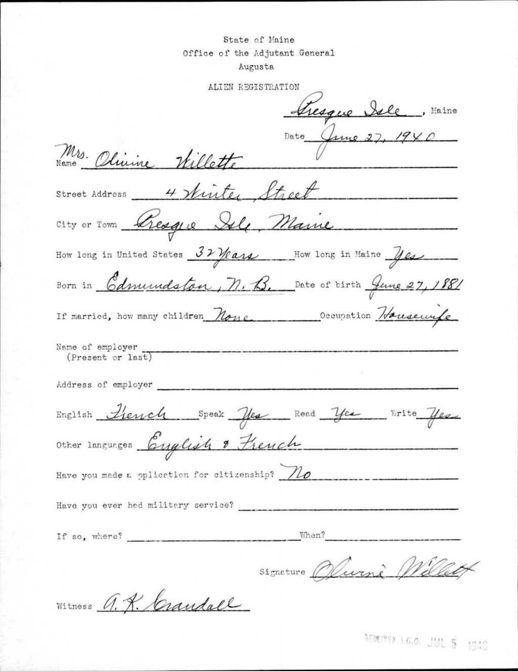 Miniature of Alien Registration- Willette, Olivine (Presque Isle, Aroostook County)
