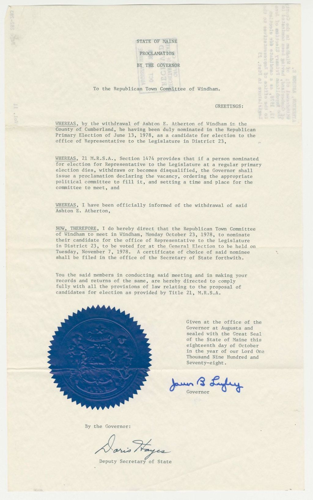 Miniature of Withdrawal of Ashton E. Atherton of Windham in the County of Cumberland, having been nominated in the Republican Primary Election of June 13, 1978 as a candidate for election to the office of Representatives to the Legislature in Dist. 23