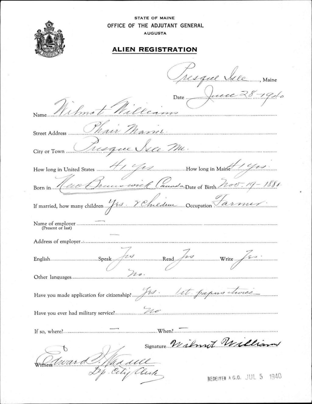 Miniature of Alien Registration- Williams, Wilmot (Presque Isle, Aroostook County)