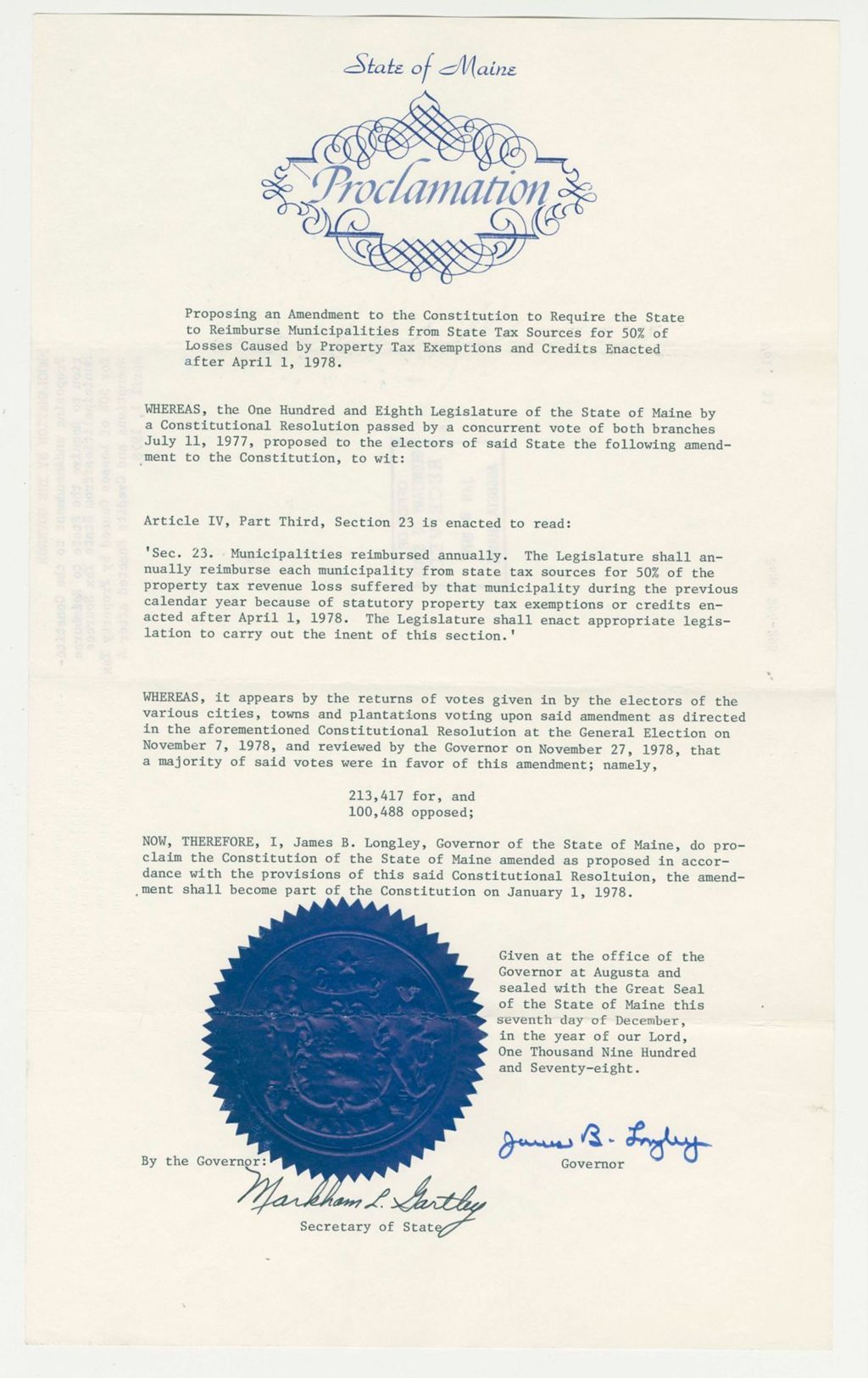 Miniature of Proposing an Amendment to the Constitution to Require the State to Reimburse Municipalities from State Tax Sources for 50% of Losses Caused by Property Tax Exemptions and Credits Enacted after April 1, 1978
