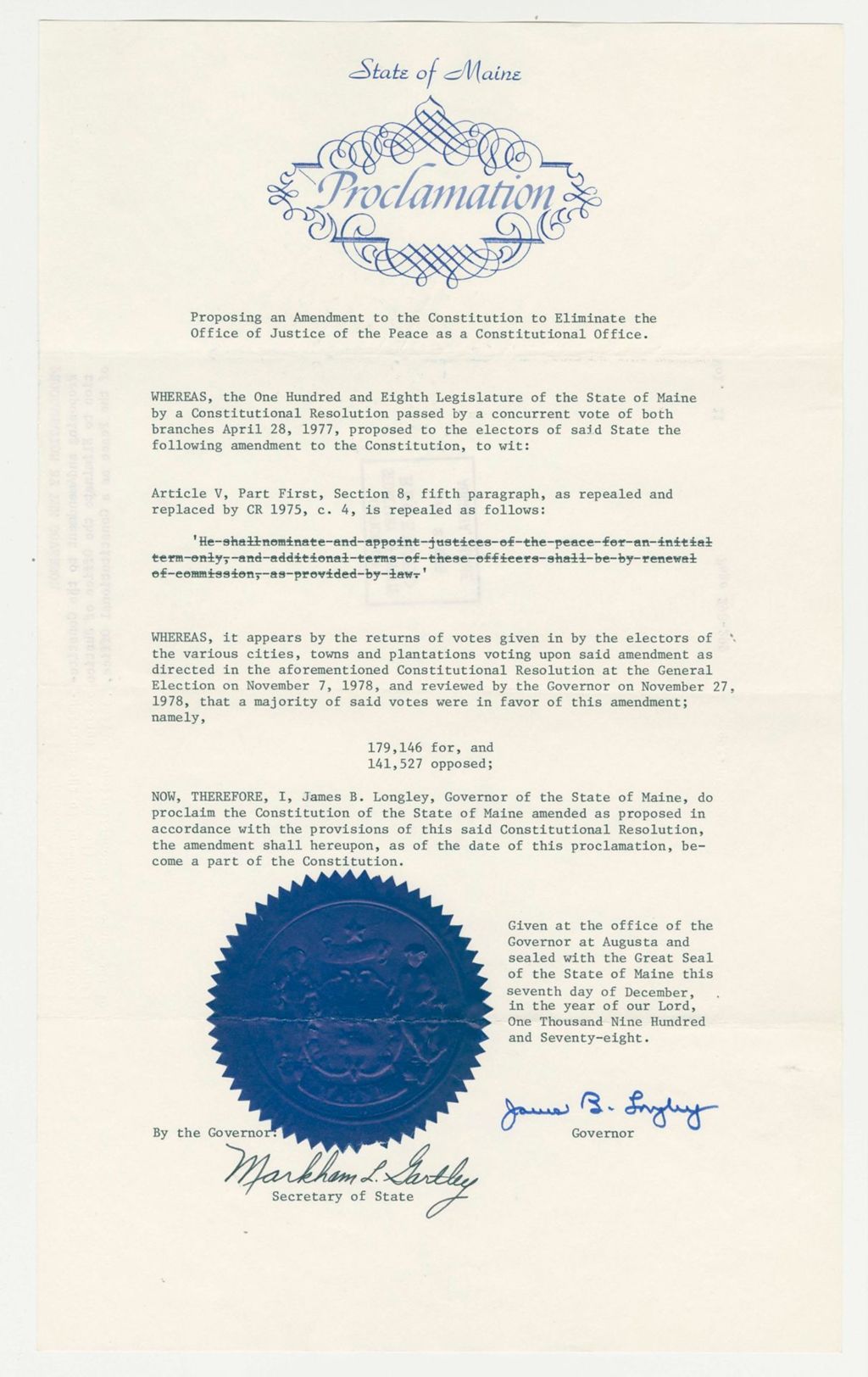 Miniature of Proposing an Amendment to the Constitution to Eliminate the Office of Justice of the Peace as a Constitutional Office
