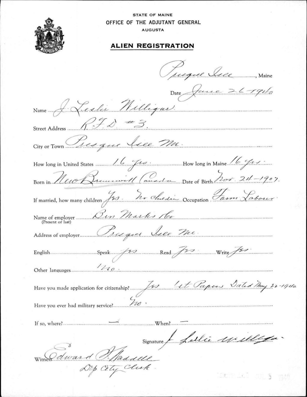 Miniature of Alien Registration- Willigar, J Leslie (Presque Isle, Aroostook County)