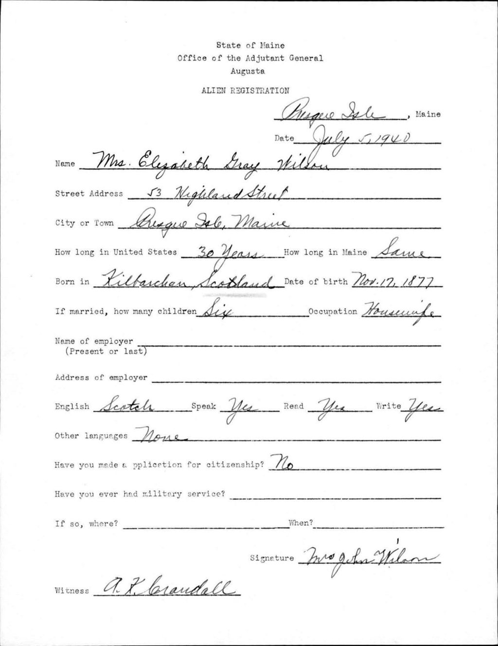 Miniature of Alien Registration- Gray, Elizabeth (Presque Isle, Aroostook County)