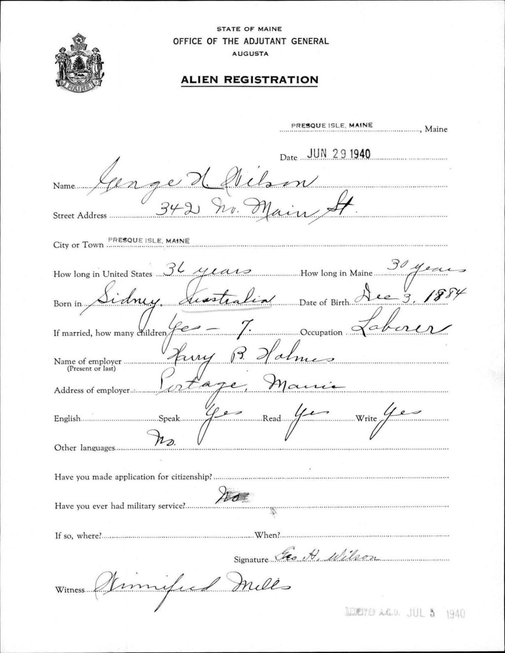 Miniature of Alien Registration- Wilson, George H. (Presque Isle, Aroostook County)